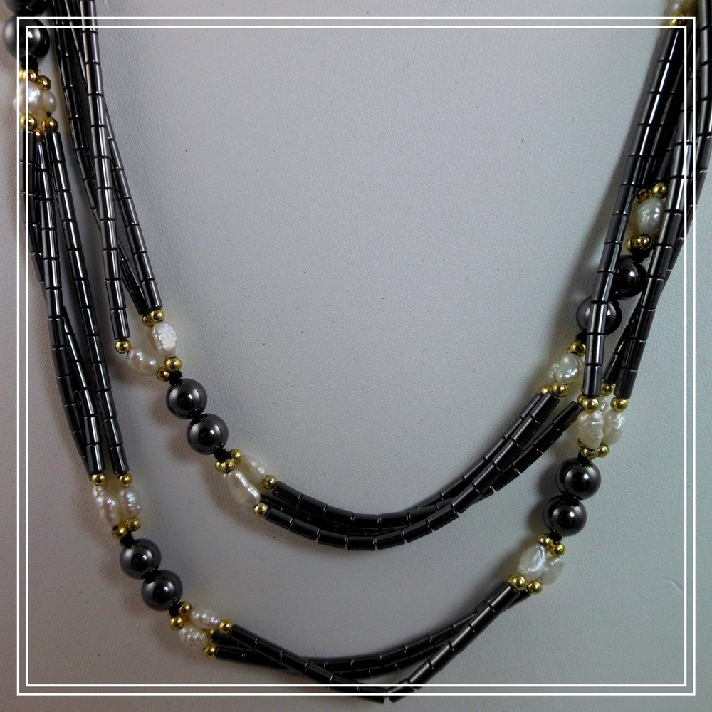 Hematite and Freshwater Pearl Multi Strand 32 Inch Beaded Necklace Gunmetal Gold